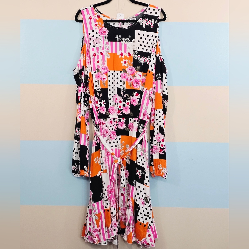 NWT Cato Multicolor Polka-dot Floral Patchwork Cold Shoulder Dress - Picture 2 of 10